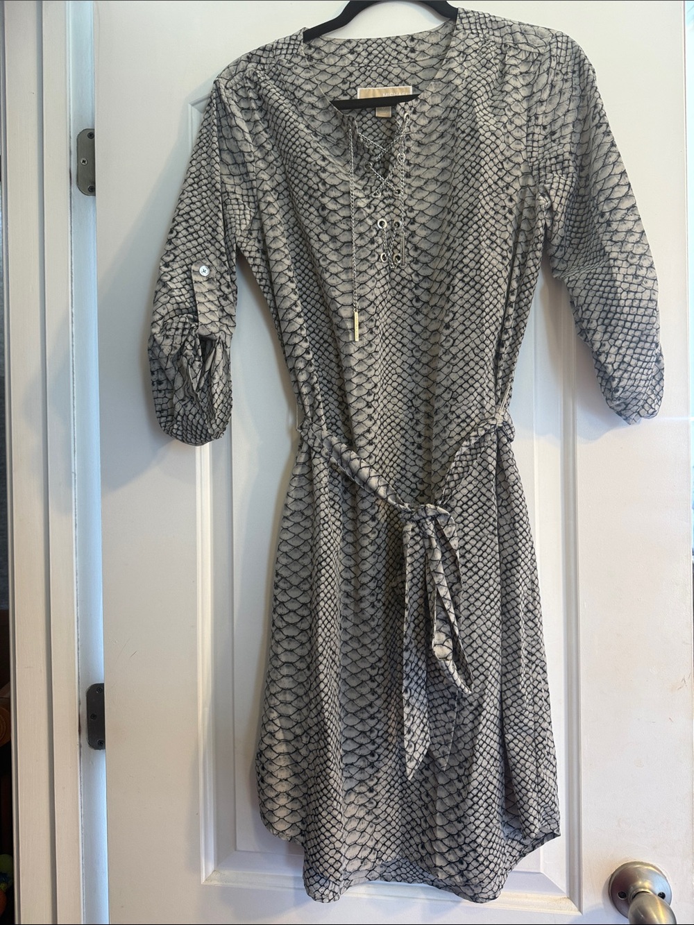 MICHAEL Michael Kors Black and White Lace-Up Tie-Waist Midi Dress